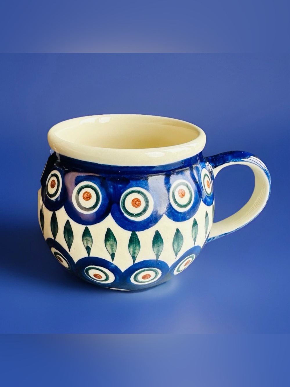 Boleslawiec Polish Pottery 16 oz Bubble
Mug Peacock Eyes & Leaves Wiza Ceramika